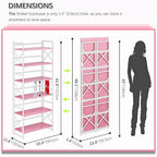 4NM 6 Tiers No Assembly Book Shelves, 61.8" H Folding Bookshelf Bookcase Open Industrial Foldable Shelves for Bedroom, Living Room, Home Office - Pink White