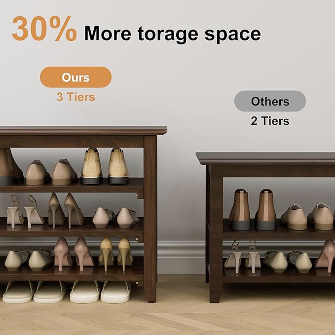 Shoe Rack Bench, 4-Tier Shoe Shelf Organizer, 25.6" Entryway Storage Bench for Hallway, Bedroom, Living Room, Bedroom, Hold up to 550 lbs, Solid Wood, Dark Brown