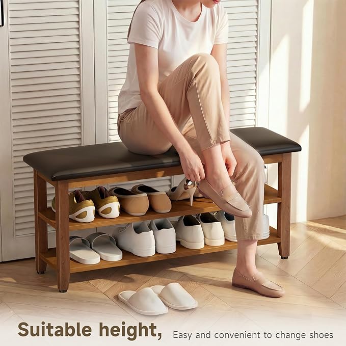 Shoe Bench with Leather Cushion,Wood Bench with Shoe Rack,2-Tier Shoe Storage Organizer for Entryway,Hallway,Living Room (Brown, 2-Tier-39.4")