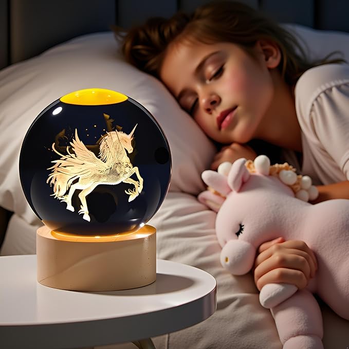 3D Unicorn Crystal Ball with Wooden Light Base Glass Unicorns Figurine Gifts for Women Daughter Lovers for Birthday Valentine's Day Christmas Decor Lamp Paperweight (Diameter 2.36 inches)