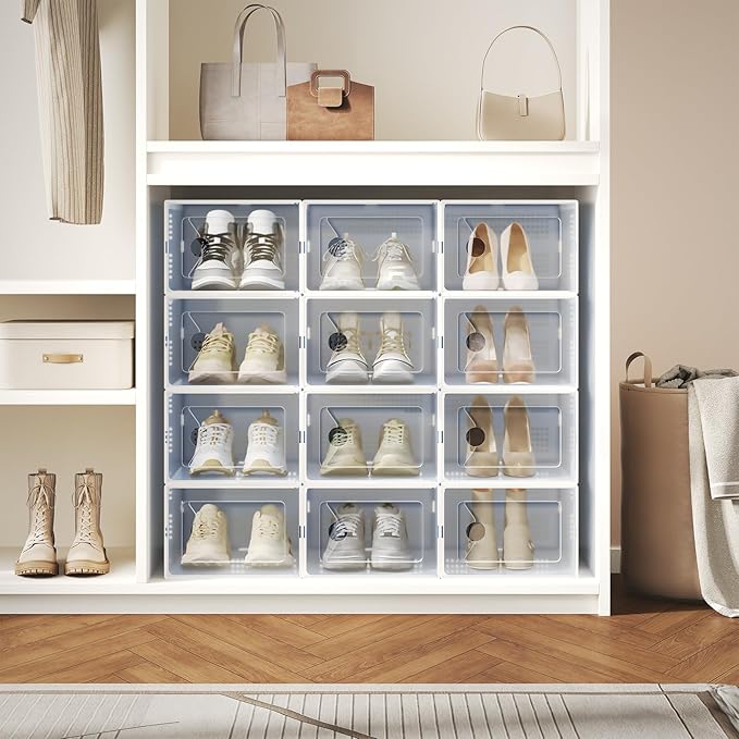 DUMOS Stackable Shoe Storage Boxes, 12-Pack Plastic Shoe Organizers with Lids, Large Shoe Rack & Holder for Closet, Under Bed, Entryway, Sneaker Display and Storage Containers, White