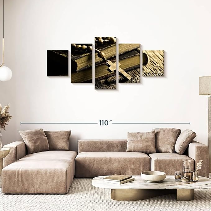 Elephant Stock Bible And Cross Wall Art Multi Piece Canvas - 5 Panel Christian Pictures Decor - Digital Design Canvas Print - Christian Wall Decor - 74" X 34"