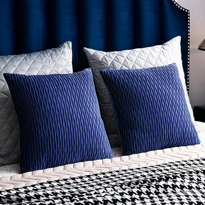 16x16 Blue Throw Pillow Covers: 2 Pack Original Striped Velvet Square Decorative Pillow Cases for Farmhouse Couch