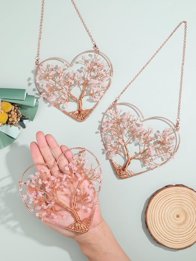 Jovivi Rose Quartz Heart Crystal Tree Hanging Ornament Healing Crystals Stones Gemstone Room Bedroom Wall Home Yoga Decor for Feng Shui Meditation Christmas Tree Ornament