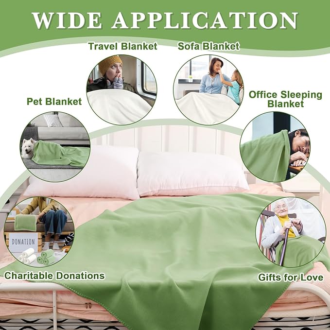 Newwiee 12 Pcs Fleece Throw Blankets Bulk 50'' x 60'' Oeko-tex Standard 100 Certified Spring Outdoor Wedding Guest Blankets Lightweight for Sleepover Donation Lap Pet Sofa Home (White/Green)