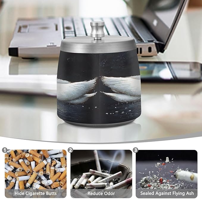 Swans Ashtray with Lid, Outdoor Ashtrays for Patio, Stainless Steel Ashtray Odorless Smokeless for Home Office Balcony