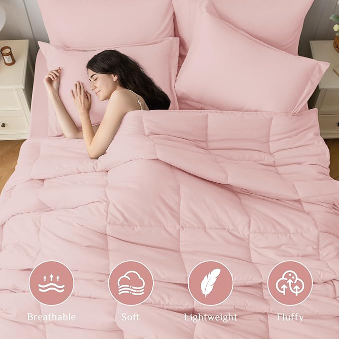 JOLLYVOGUE Queen Comforter Set, Ultra-Soft Bed in a Bag Queen Size 7 Pieces, Oeko-TEX Certified Bedding Set with Down Alternative Comforter, Sheets, Pillowcases & Shams, Blush Pink