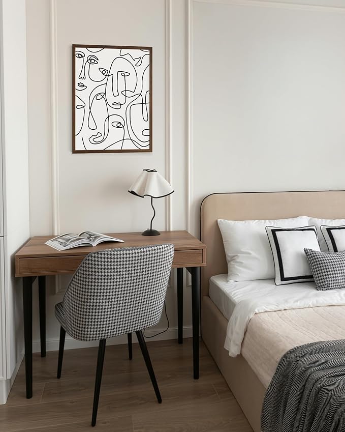 Abstract Face Pattern Wall Art Collage of Modern Faces Continuous Line Drawing 12x16 Inch Oak Wood Walnut Framed Artistic Aesthetic Print for Living Room