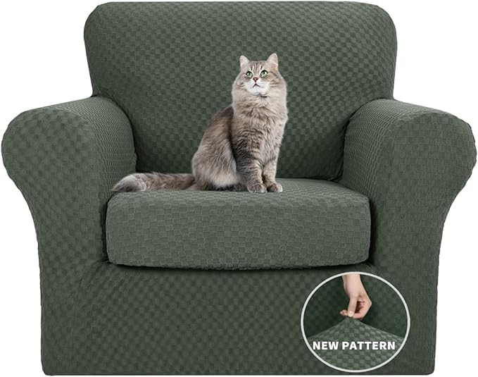 YEMYHOM Latest Checkered 2 Pieces Chair Covers for Living Room High Stretch Thickened Chair Slipcovers with Arms Anti Slip Elastic Armchair Sofa Couch Protector (Army Green), 31"-46"(1 Cushion)