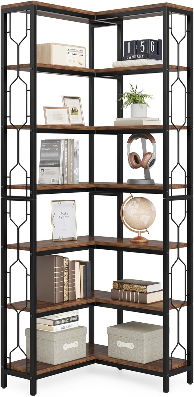 Tribesigns Corner Shelf, 7-Tier Industrial Corner Bookshelf, Wood and Metal Etagere Bookcase, Freestanding Display Shelf for Living Room, Kitchen, Home Office, Rustic Brown | Corner Bookshelf, Etagere Bookcase, Display Shelf, Living Room, Kitchen, Home...