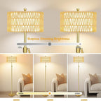 Gold Floor Lamps for Living Room Rattan Boho Floor Lamp with Remote Control,Dimmable Wicker Floor Lamps with 3 Color Temperature Modern Standing Lamp Brass Tall Floor Lamp for Bedroom Corner