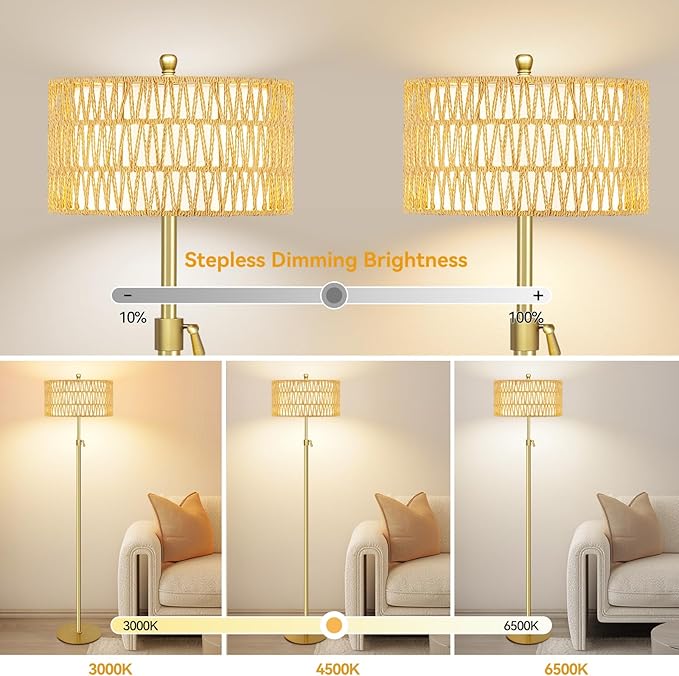 Gold Floor Lamps for Living Room Rattan Boho Floor Lamp with Remote Control,Dimmable Wicker Floor Lamps with 3 Color Temperature Modern Standing Lamp Brass Tall Floor Lamp for Bedroom Corner