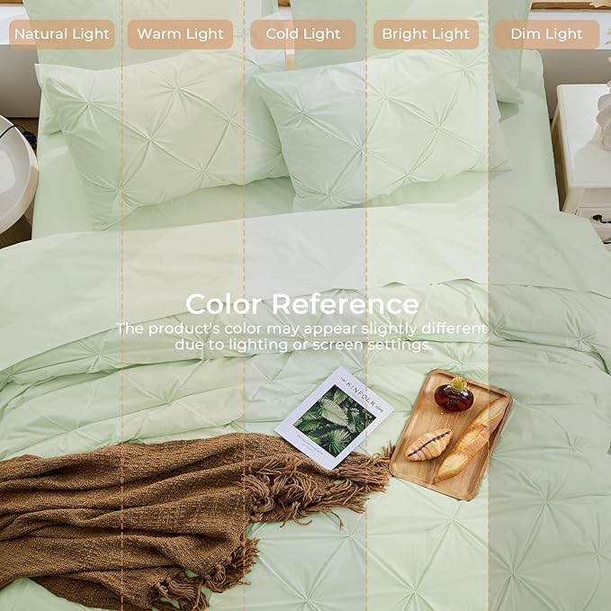 Sasttie California King Comforter Set, 7-Piece Bed in a Bag, Pintuck Bedding Sets for All Season, Includes Comforter, Flat Sheet, Fitted Sheet, Pillowcases and Pillowshams, Mint