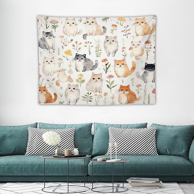 VUMIVI Cute Cat Tapestry Cartoon Pets Flowers Mushrooms Butterflies Watercolor Illustrations Tapestry Wall Hanging for Living Room Bedroom Dorm Classroom Aesthetic Decor W40xL30in