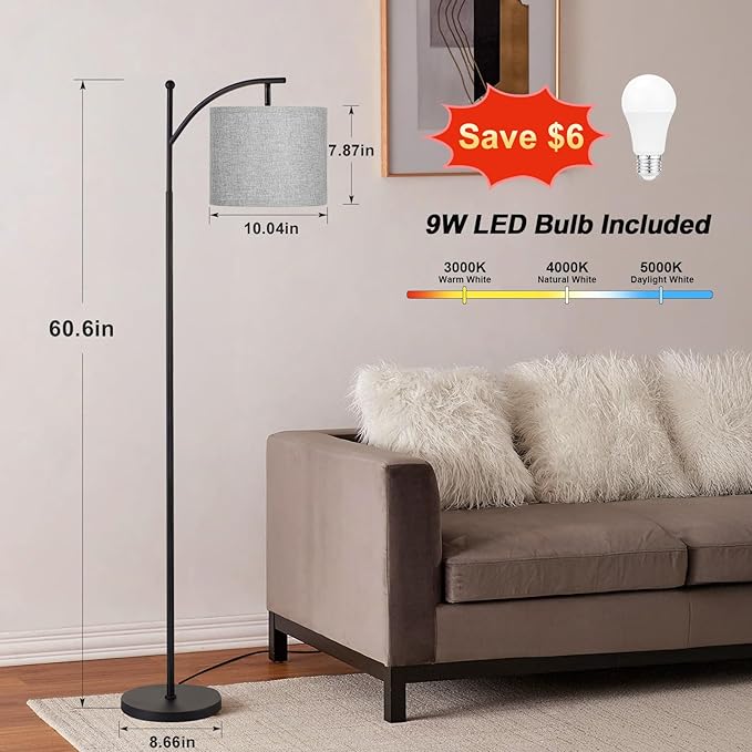 Ambimall 60" Floor Lamps for Living Room with 3 Color Temperatures, Adjustable Grey Shade with Black Pole, Tall Lamps for Living Room Bedroom Office Classroom Dorm Room, 9W Bulb Included