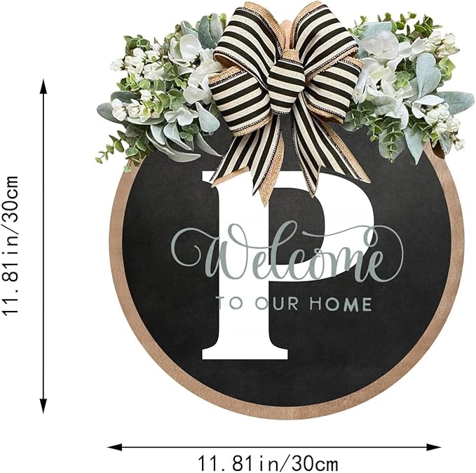 Circular Surname Front Door Welcome Sign - 26 Letter House Wreath, Front Porch Decorations, Year-Round Home Decor (P)