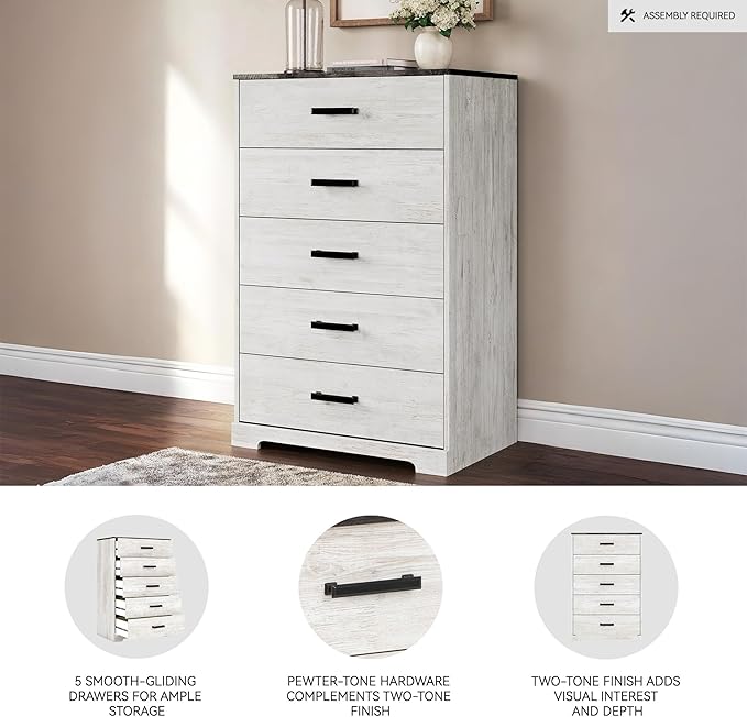 Signature Design by Ashley Shawburn Rustic 5 Drawer Chest of Smooth-Gliding Drawers and Safety Stop, White & Gray