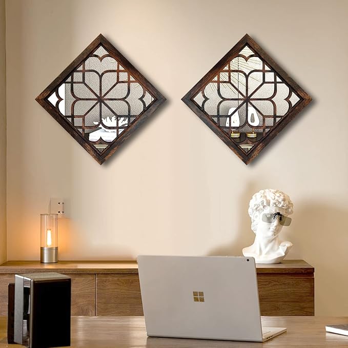 Wocred 2 PCS Square Wall Mirror,Gorgeous Rustic Farmhouse Accent Mirror,Caramel Color Entry Mirror for Bathroom Renovation,Bedrooms,Living Rooms and More(12”x12”)
