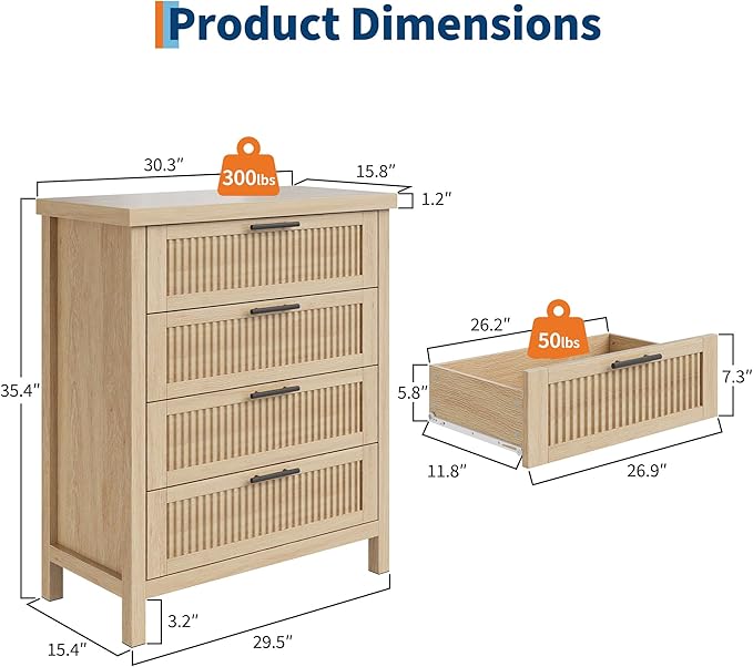 IDEALHOUSE Fluted 4 Drawers Dresser for Bedroom, 35.4" Tall Chest of Dressers for Closet, 4 Fluted Drawers with Metal Handle, Clothes Storage Cabinet for Bedroom, Nursery, Living Room, Natural Oak