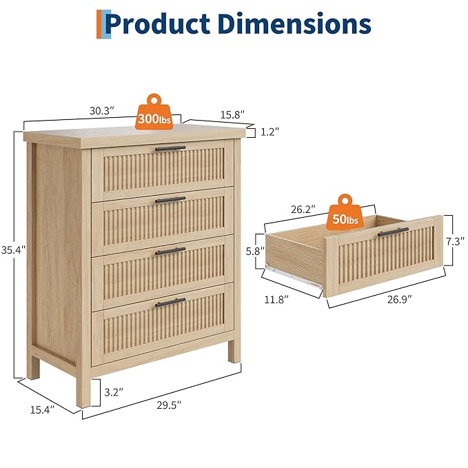 GarveeHome Fluted 4 Drawers Dresser for Bedroom, 35.4 in Tall Chest of Dressers for Closet, 4 Fluted Drawers with Metal Handle, Large Clothes Storage Cabinet for Bedroom, Nursery, Living Room, Natural