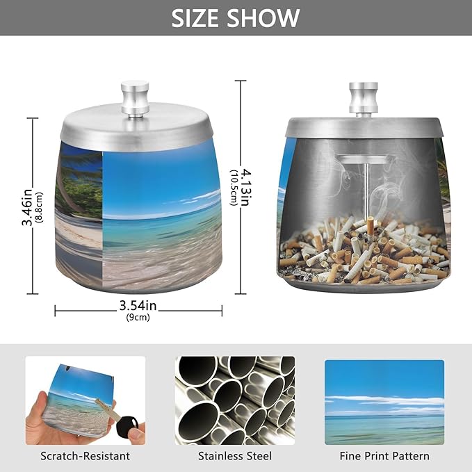 Hawaii Beach Sea Ashtray with Lid, Outdoor Ashtrays for Patio, Stainless Steel Ashtray Odorless Smokeless for Home Office Balcony