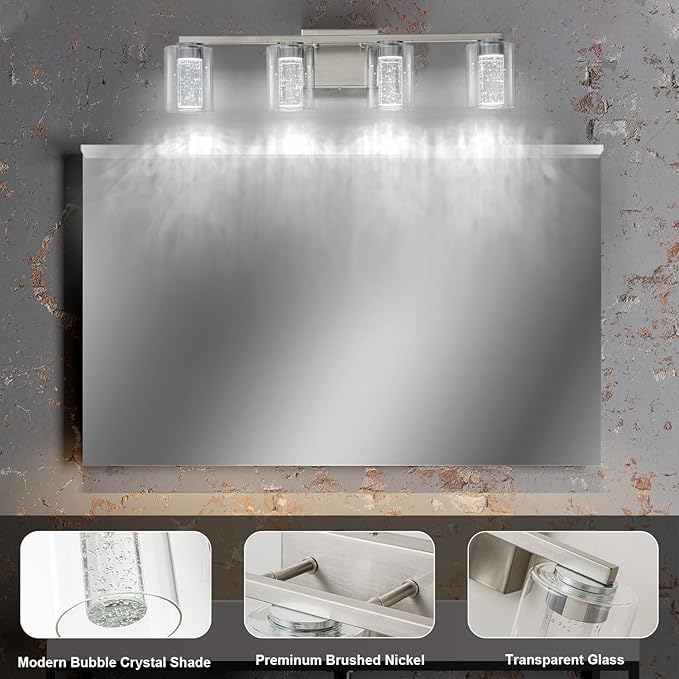 SineRise 4-Light Brushed Nickel Vanity Light with 3 Color Modes (3000K/4000K/6000K), Eye Protection LED Bathroom Light Fixture, Dimmable Modern Wall Light Over Mirror with Clear Glass Shade