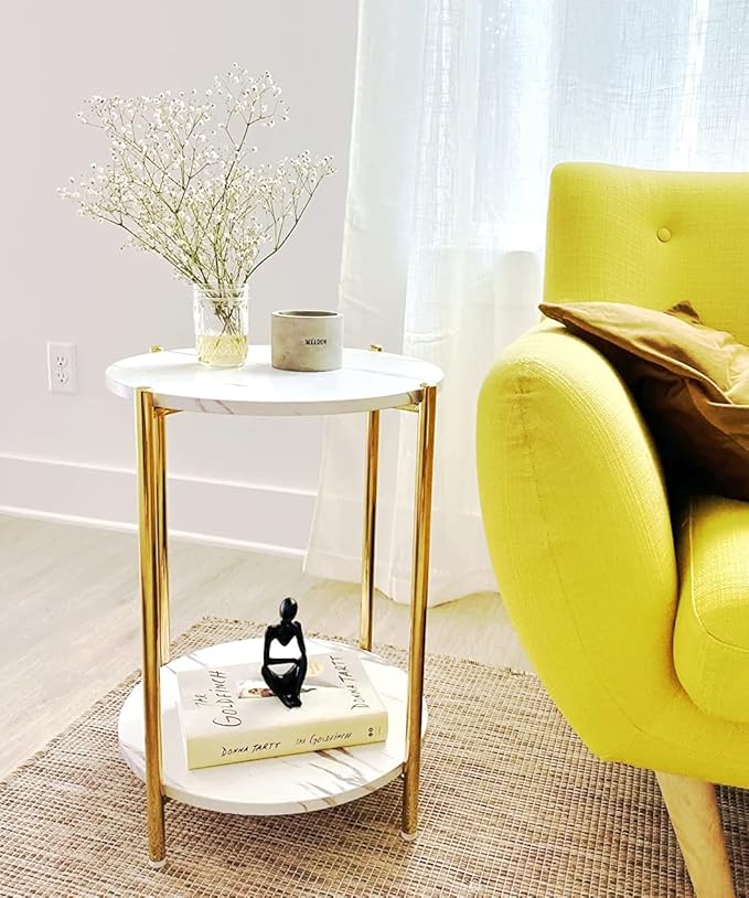 Gold End Table Faux Marble Side Table Small Round Nightstand for Living Room or Bedroom Modern Accent Table with Gold Metal Frame