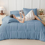 JOLLYVOGUE Queen Comforter Set, Ultra-Soft Bed in a Bag Queen Size 7 Pieces, Oeko-TEX Certified Bedding Set with Down Alternative Comforter, Sheets, Pillowcases & Shams, Dusty Blue