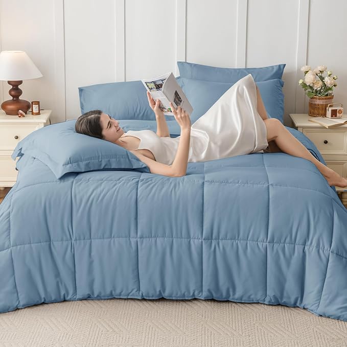 JOLLYVOGUE Queen Comforter Set, Ultra-Soft Bed in a Bag Queen Size 7 Pieces, Oeko-TEX Certified Bedding Set with Down Alternative Comforter, Sheets, Pillowcases & Shams, Dusty Blue