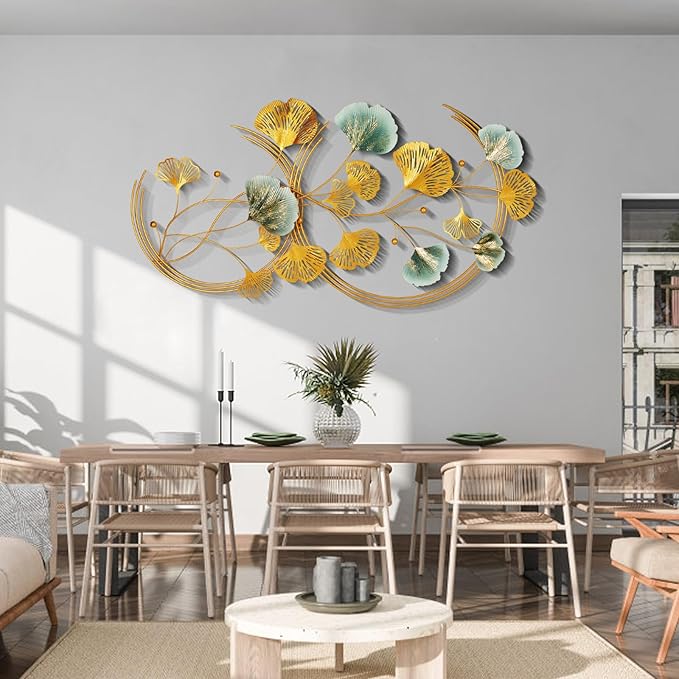 Babyieia 3D Ginkgo Leaf Metal Wall Art Decor for Living Room, 59" Gold Wall Art Decorations, Large Modern Metal Wall Sculptures