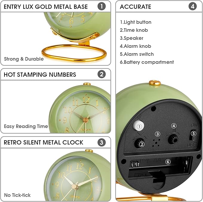 Metal Desk Clock, Retro Bedroom Table Vintage Analog Alarm Clock, Silent Non-Ticking Gold Clock, Bedside Décor(Olive-Green)