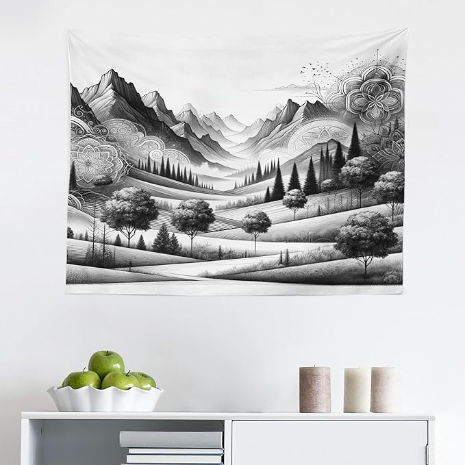 Ambesonne Mountain Tapestry, Monochrome Art Scenic Mounts with Wooded Lands Featuring Eastern Mandala, Fabric Wall Hanging Decor for Bedroom Living Room Dorm, 28" X 23", Pale Grey Dark Taupe