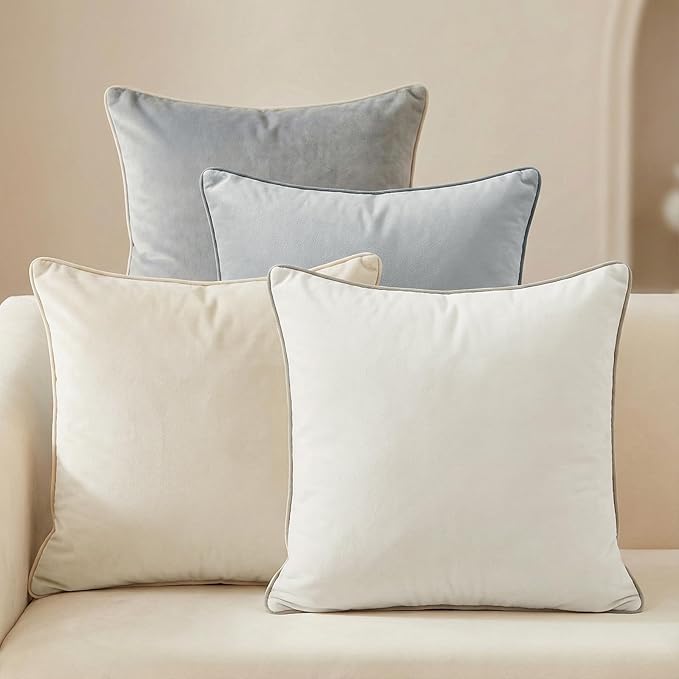 Mecatny Set of 4 Velvet Throw Pillow Covers 20x20, Soft Neutral Accent Decorative Couch Pillow Covers for Sofa Bedroom Living Room, Grey/Beige