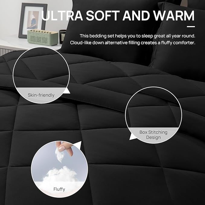 Love's cabin Twin Comforter Set Black, 5 Pieces Twin Bed in a Bag, All Season Bedding Sets with 1 Comforter, 1 Flat Sheet, 1 Fitted Sheet, 1 Pillowcase and 1 Pillow Sham