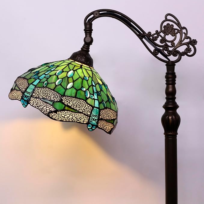 Tiffany Floor Lamp Stained Glass Lamp 18.88X12X67 Inch Angle Adjustable Arched Gooseneck Antique Reading Light (Green Dragonfly)