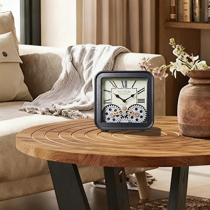 Vintage Steampunk Desk Clock, 6 Inch Metal Industrial Table Clock with Moving Gears, Silent Non-Ticking Quartz, Battery Operated Shelf Decor for Home Office Living Room（Black）