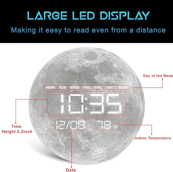 Digital Wall Clock, LED Moon/Earth Design, Temperature Display, 7.87 x 7.87 inches (Moon, 12.59 INCH)