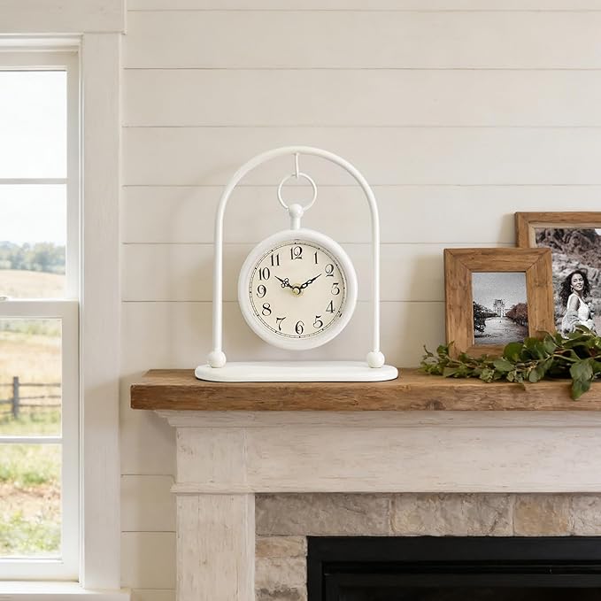 Vintage Small Table Clock, Farmhouse Table Clock, Silent Non-Ticking Battery Operated Desk and Shelf Clocks for Living Room Bedroom Kitchen Home Decor-Cream