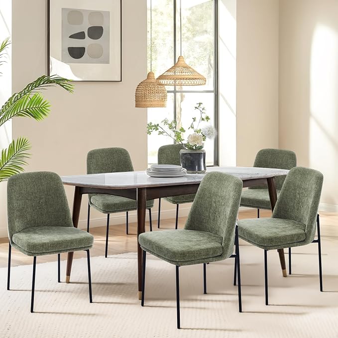 Dining Chairs Set of 6, Modern Dining Chairs, Fabric Upholstered Dining Chairs, Kitchen Chairs with Curved Back and Metal Legs for Dining Room Kitchen Restaurant, Green