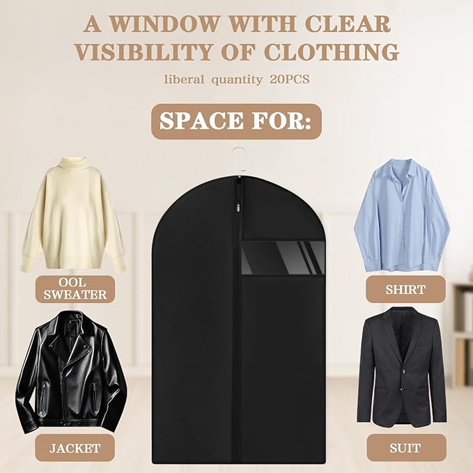 20 Pack Garment Bags for Hanging Clothes,Suit Bags For Closet Storage and Travel with Clear Window 40-inch Suit Garment Bag for Men Women Skirt Shirt Coat,Black