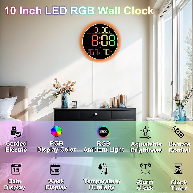 10 Inch LED Wall Clock with RGB Ambient Light, Auto-Dimming, RGB Color/Time/Date/Temp/Humidity Display, Dual Alarms & Timer, Adjustment Brightness,Digital Round Clock for Bedroom Classroom