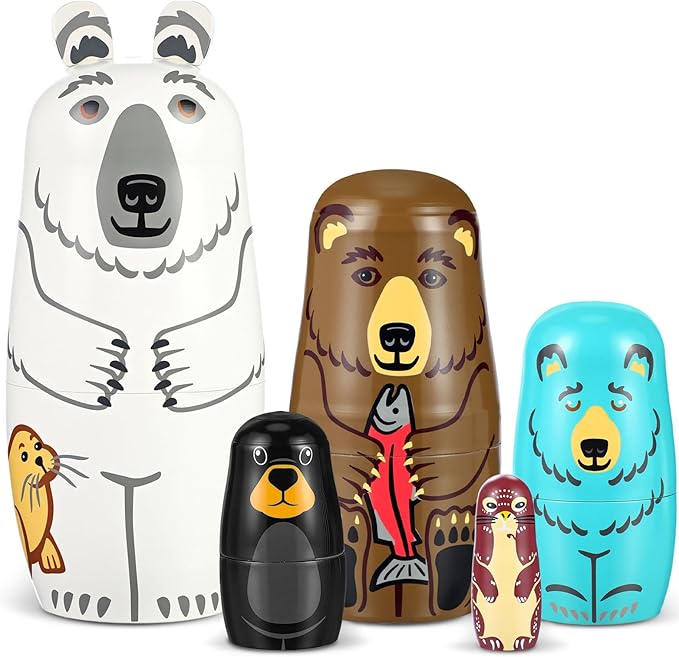 Gejoy Russian Nesting Dolls for Kids Handmade Matryoshka Wooden Stacking Toys Nesting Dolls Collectible Gifts for Winter Christmas Holiday Present Boys Girls Adults Home Decor(Bear Animal)