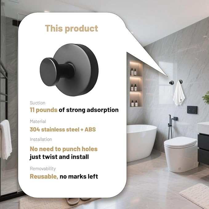 4Pcs New Model No-Drill Suction Cup Hooks for Door Wreaths, Wreath Hangers for Front Door, Suction Cup Hooks for Shower, Removable, Waterproof & Rustproof (Black)