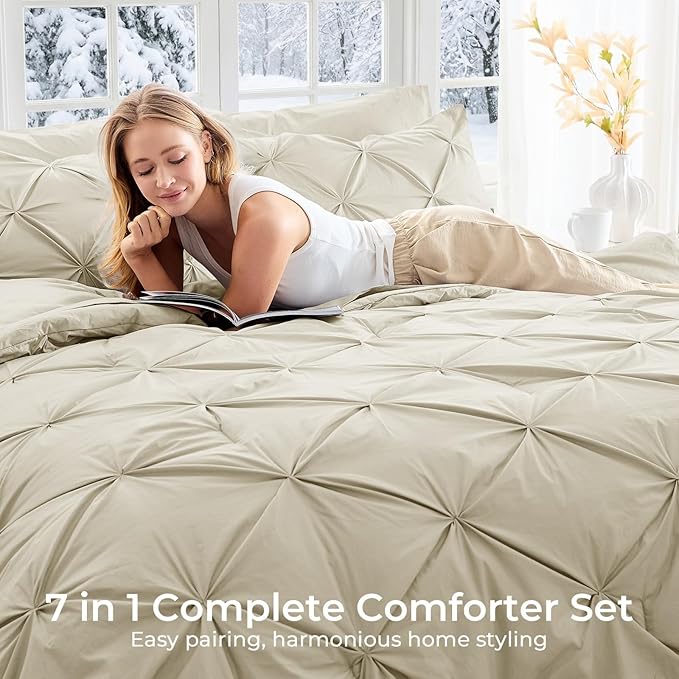 Sasttie Twin Comforter Set, 5-Piece Bed in a Bag, Pintuck Bedding Sets for All Season, Includes Comforter, Flat Sheet, Fitted Sheet, Pillowcase and Pillowsham, Linen