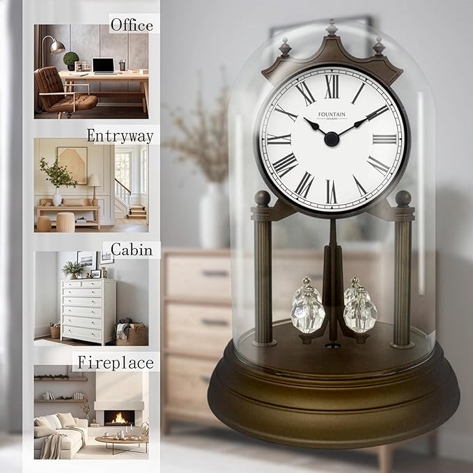 9" Genevieve Mantel Clock with Revolving Pendulum, Modern Anniversary Clock Rotating Pendulum, Wedding Gifts, Desk & Shelf Clock, Roman Numerals,Bronze Finish