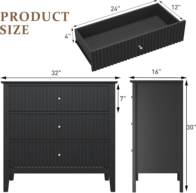 Large Black Fluted 3 Drawer Dresser, Modern 30 Inch Tall Wood Side Unit with Ball Bearing Slides, Wide Accent Furniture with Spacious Compartments for Bedroom Hallway Living Room Entryway