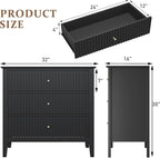 Large Black Fluted 3 Drawer Dresser, Modern 30 Inch Tall Wood Side Unit with Ball Bearing Slides, Wide Accent Furniture with Spacious Compartments for Bedroom Hallway Living Room Entryway