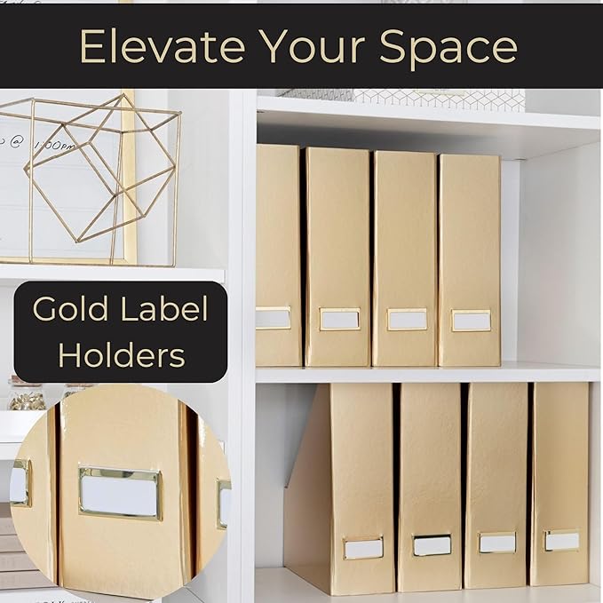 BLU MONACO | Gold Cardboard Magazine File Holder Set of 4 | Vertical Magazine File Holder for Shelves | Standing File Holder Desk Organizer