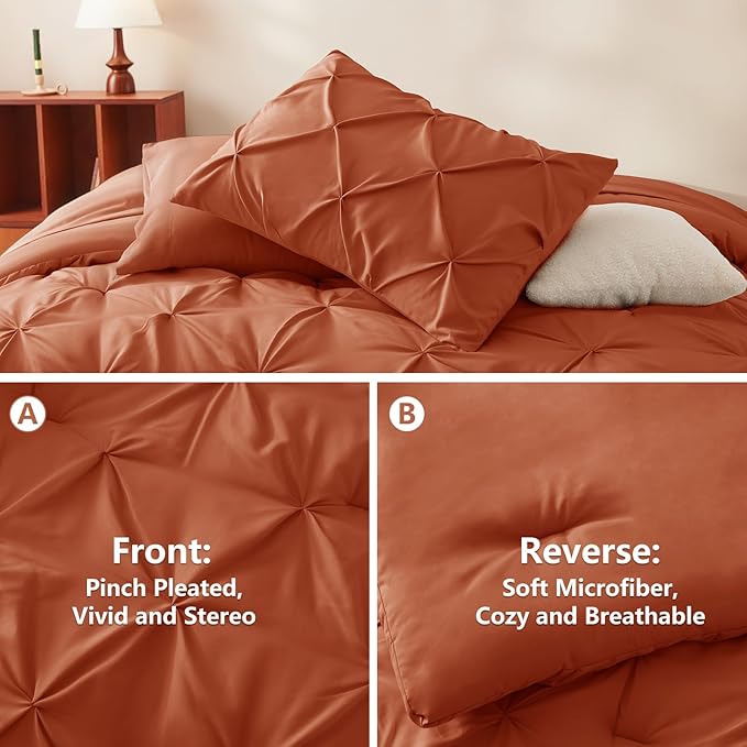 CozyLux Queen Comforter Set Burnt Orange, 7 Pieces Pintuck Bed in A Bag Premium Terracotta Comforter Queen Size, Pinch Pleat Bedding Sets with Comforter, Sheets, Pillowcases & Shams