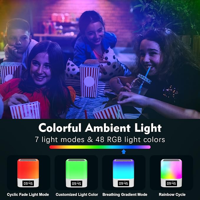 Night Light Bluetooth Speaker, Gifts for 10 11 12 13 14 15 Years Old Boys Teenager Girls, All-in-1 Dual Alarm Clock, Touch Sensor Bedside Lamp, 48 RGB Color Chang, MP3 Player, Wireless Speaker
